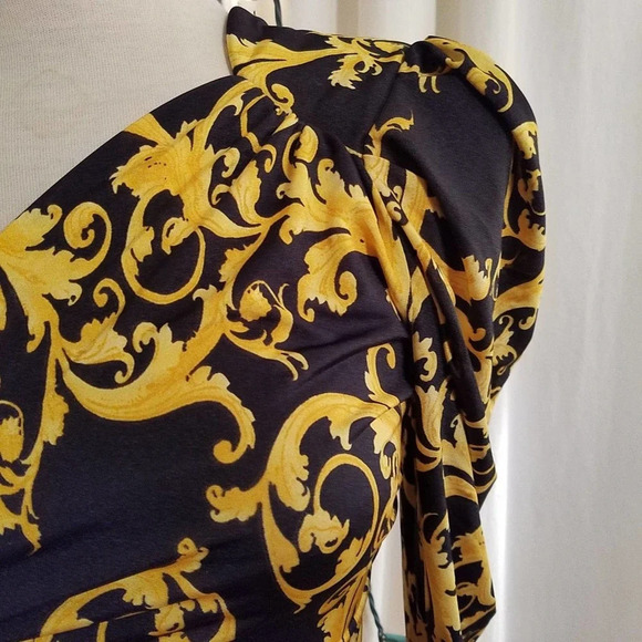 Party Dress Yellow + Navy /One Shoulder / Size Small - Picture 3 of 3